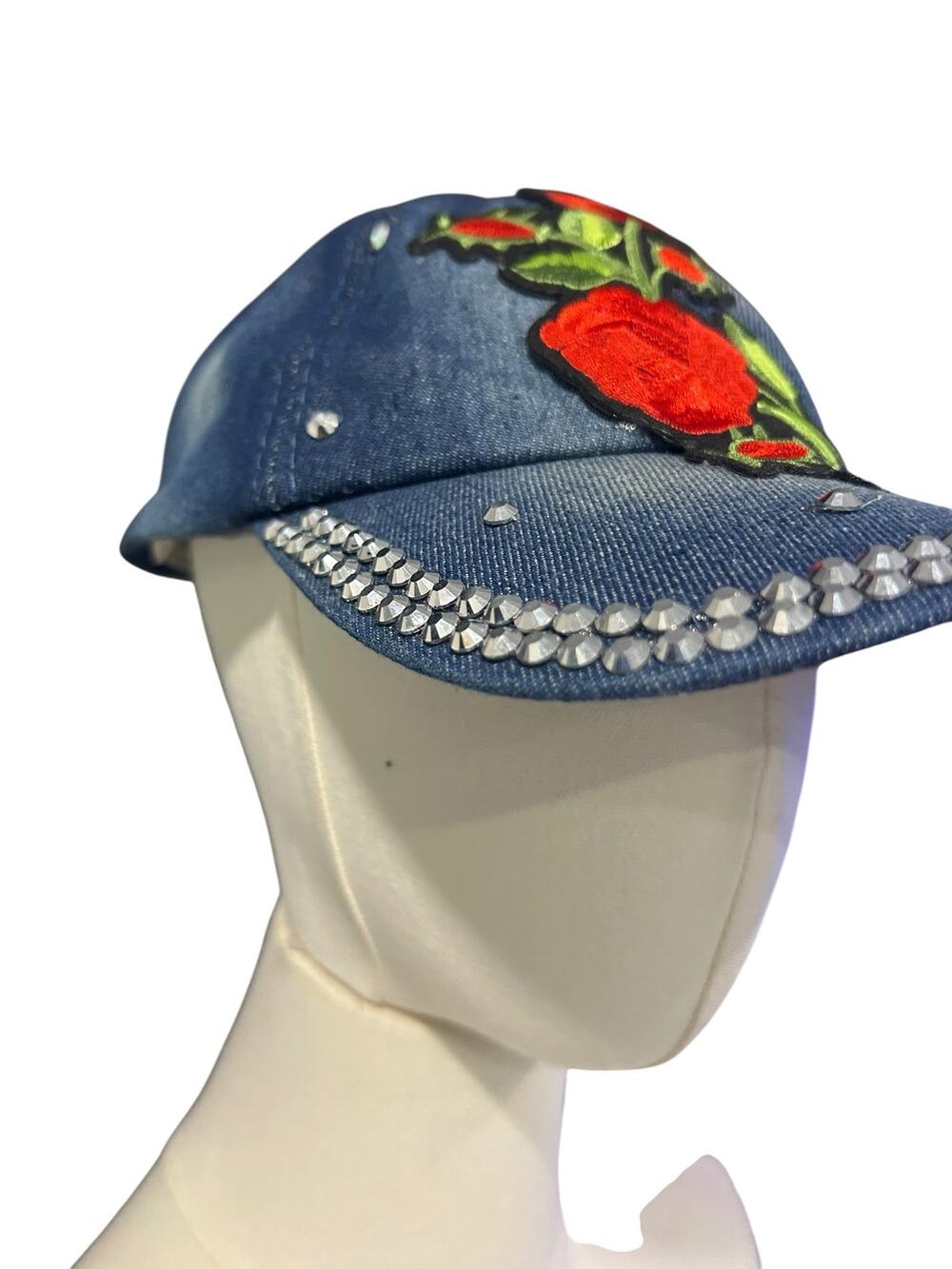 Y2K Denim Rose Baseball Cap Rhinestone Floral Coquette Western Bling Hat